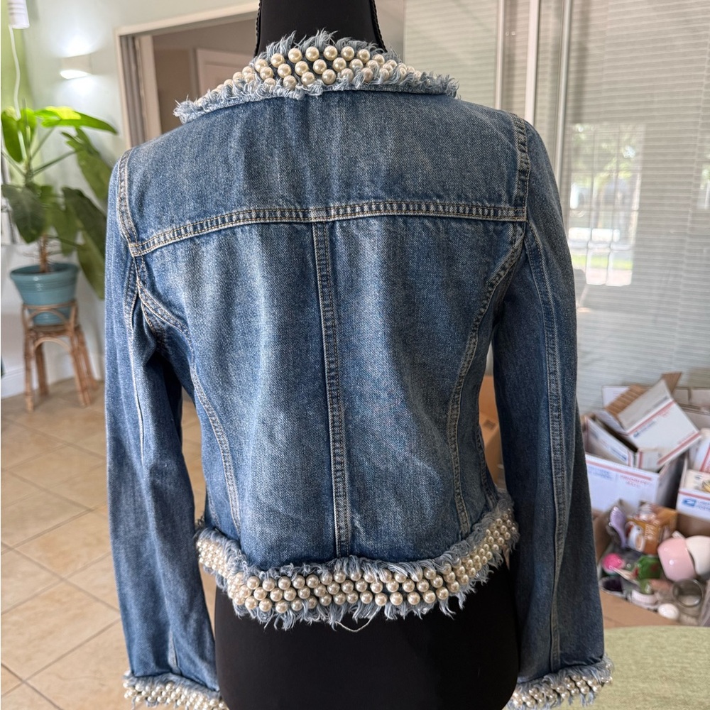 Bohemian Blue and White Lace Jean Jacket - Picture 2 of 6